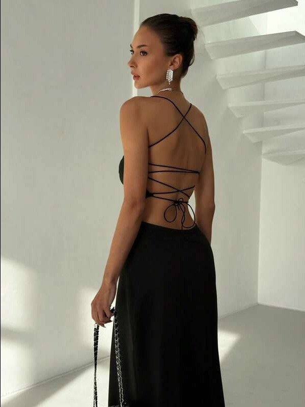 ADLEST Summer Vacation Women's Minimalist Solid Color Front Twist Backless Spaghetti Strap Dress product image (2)