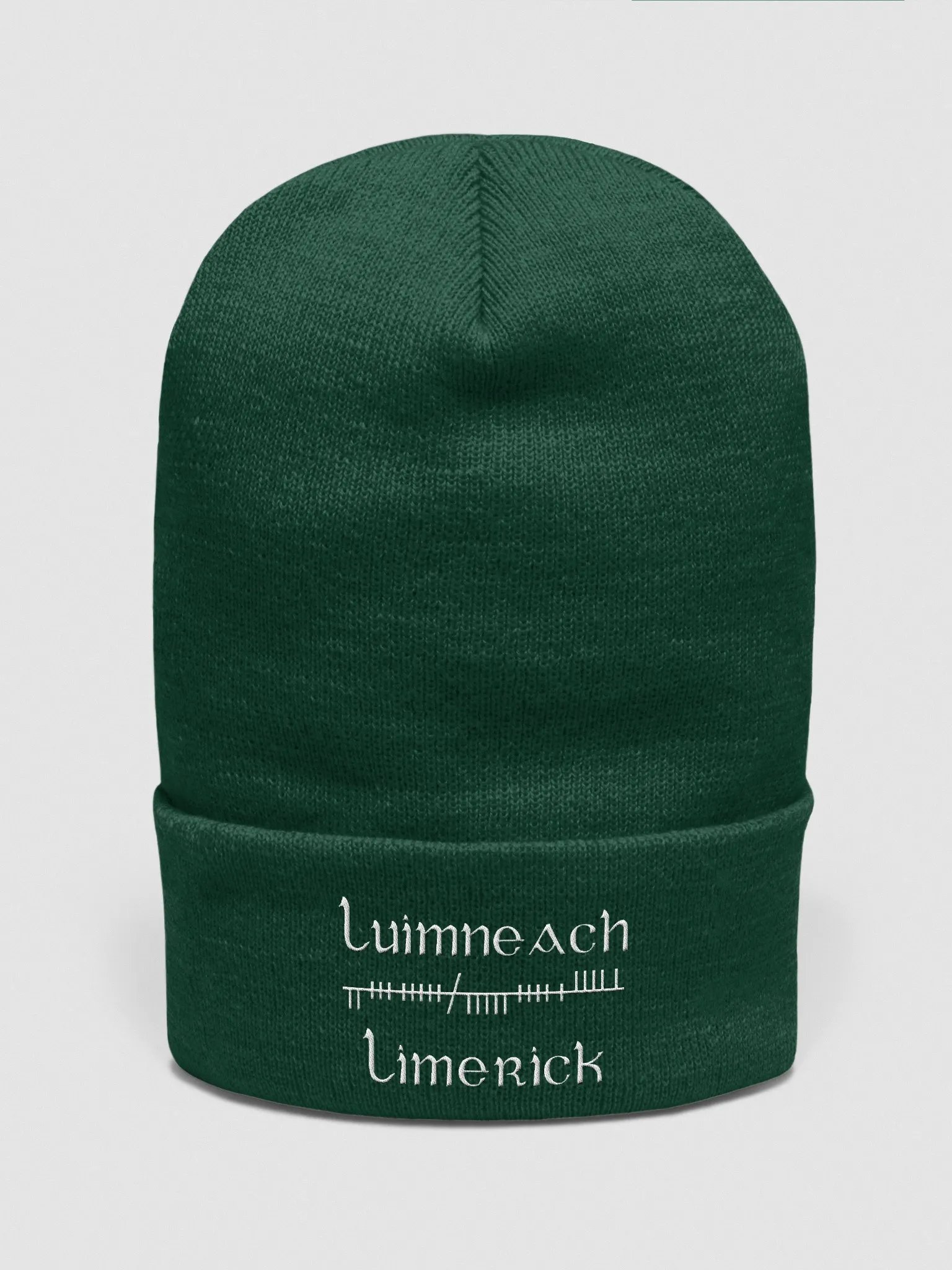 Limerick/Luimneach Orthodox Ogham, green with white, embroidered Cuffed Beanie product image (1)
