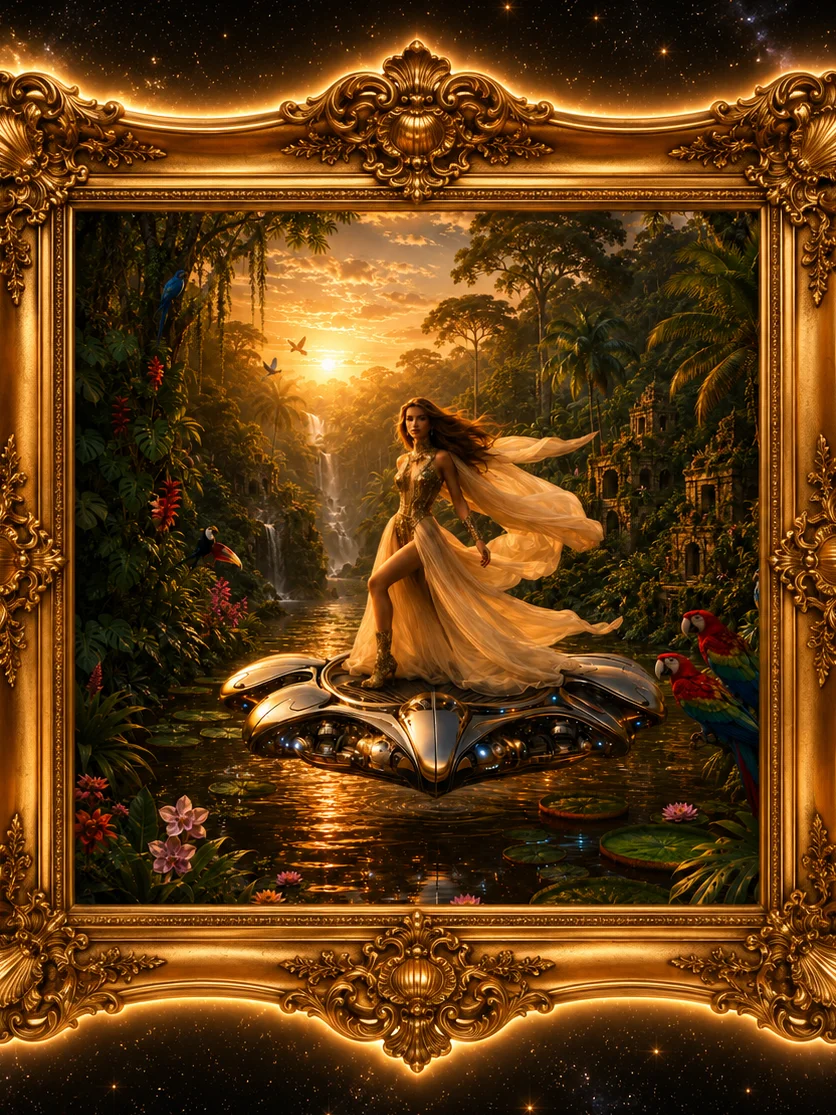 Jungle Goddess on Flying Craft | Tropical Sci Fi Fantasy Wall Art product image (1)