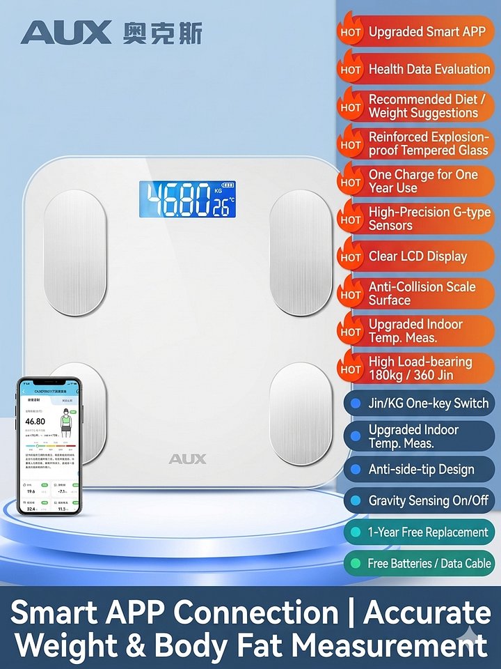 AUX Smart Scale: 81+ metrics via OKOK App. High-precision (0.01kg) sensors. USB rechargeable. 400lb capacity. Sleek tempered glass in Black/White. product image (1)