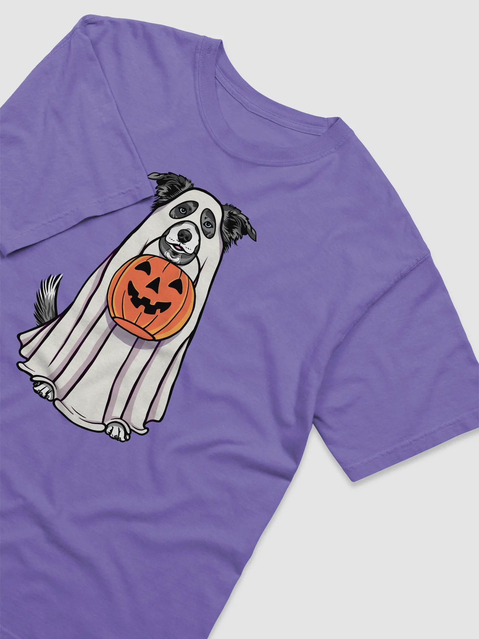 Funny Halloween Border Collie(Blue Merle) T-Shirt | Funny Border Collie Wearing a Ghost Costume and Holding a Pumpkin Basket product image (6)