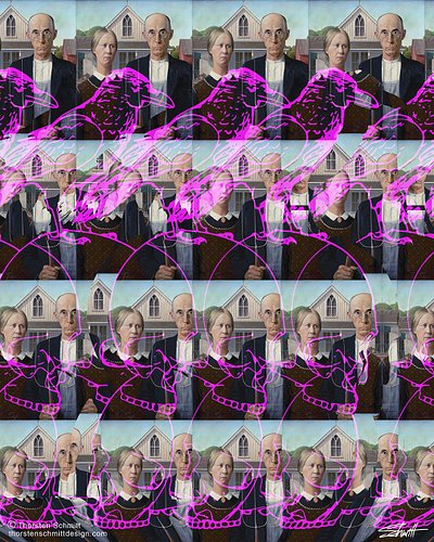 American Gothic 3D. Stereogram. Unfocus your eyes.