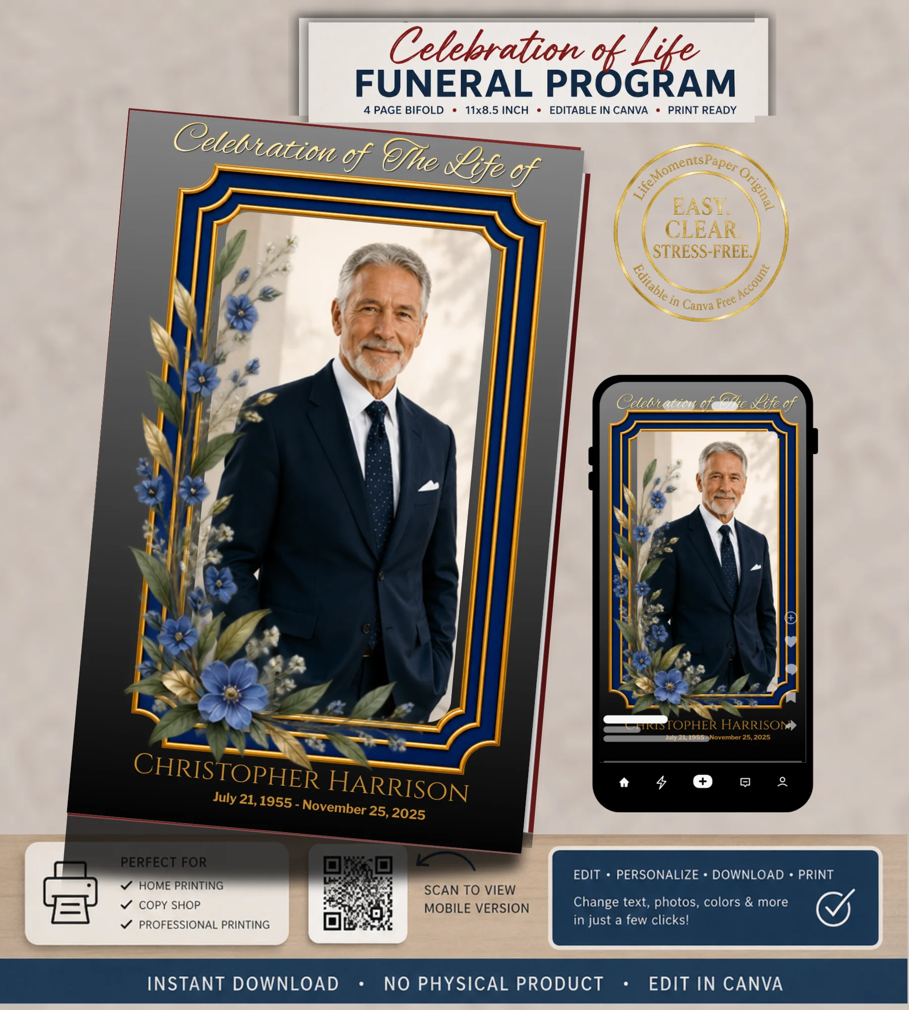 Blue Floral Funeral Program Template for Men (Canva Editable Bifold) product image (1)