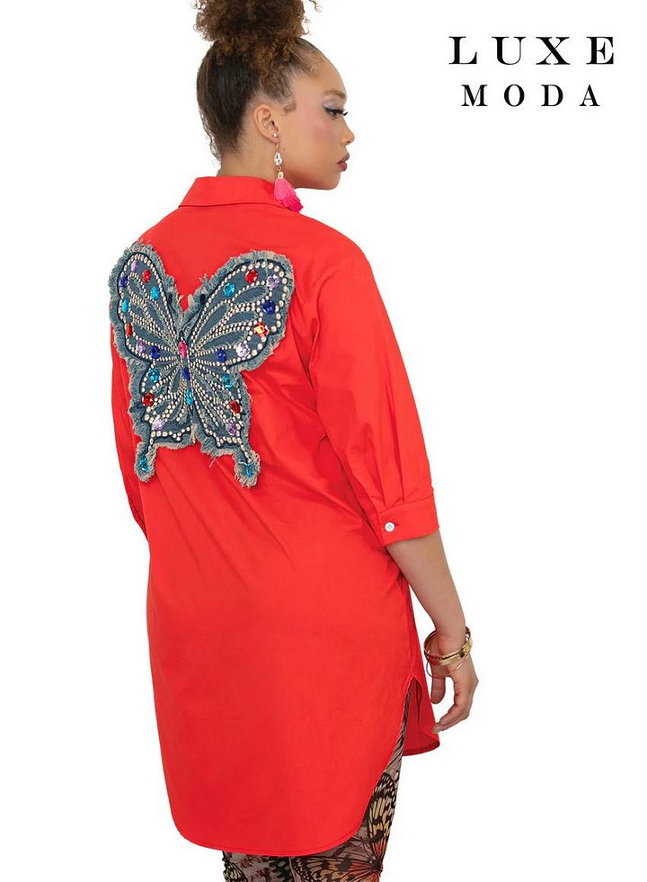 Butterfly Jewel Back Long Button-Up Top - Embellished Shirt product image (1)