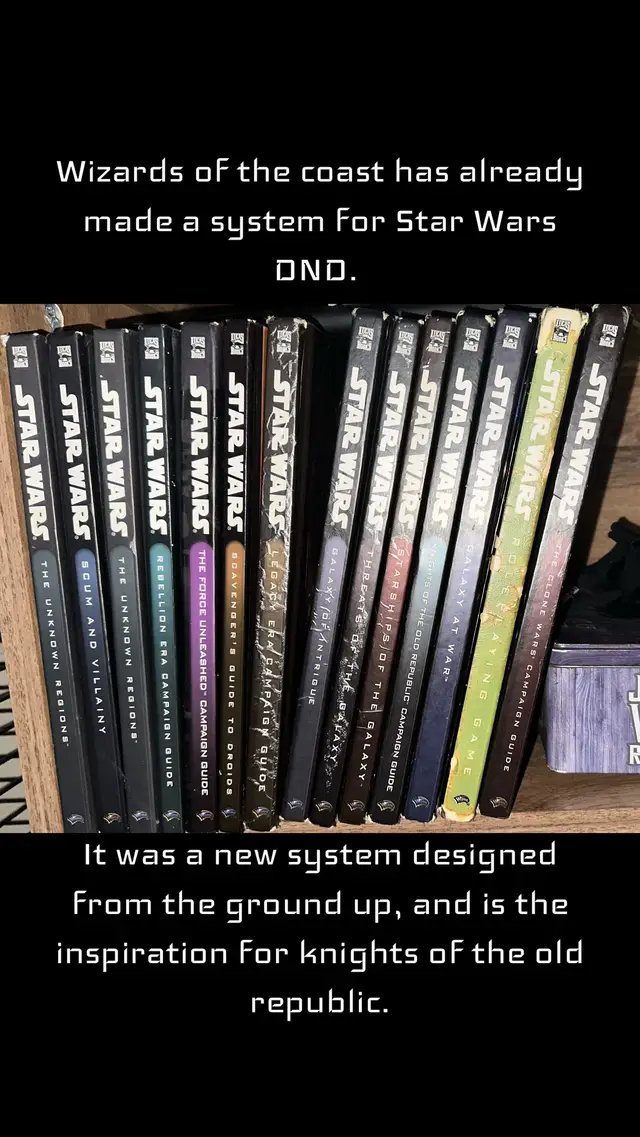Wizards of the Coast created a dedicated system for Star Wars DND, designed from the ground up, which also inspired Knights of the Old Republic. This system boasts a very advanced and robust online fanbase that continuously adds homebrew content like ships, adventures, species, classes, maps, and sourcebooks. #starwars # #dndtiktok #starwarstiktok #roleplaying #tabletop 