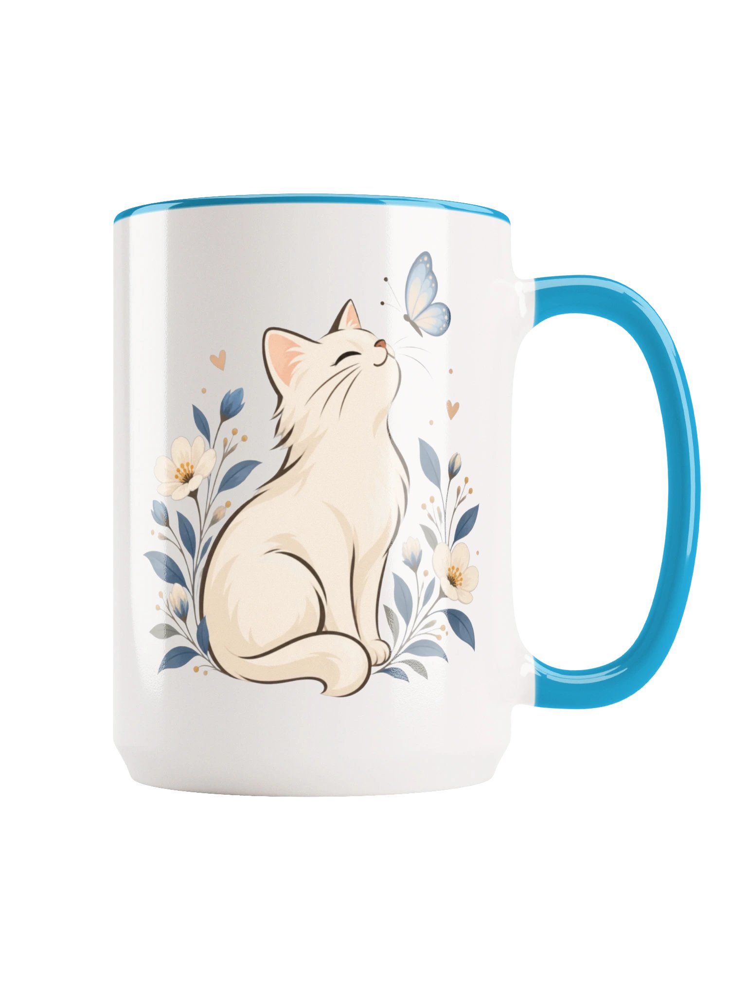15 oz Light Blue Ceramic Mug | Cute Cat & Butterfly Design product image (2)