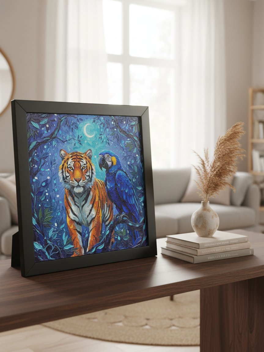 Elegant Tiger and Macaw Framed Wall Art, Luxe Tropical Wildlife Print product image (3)