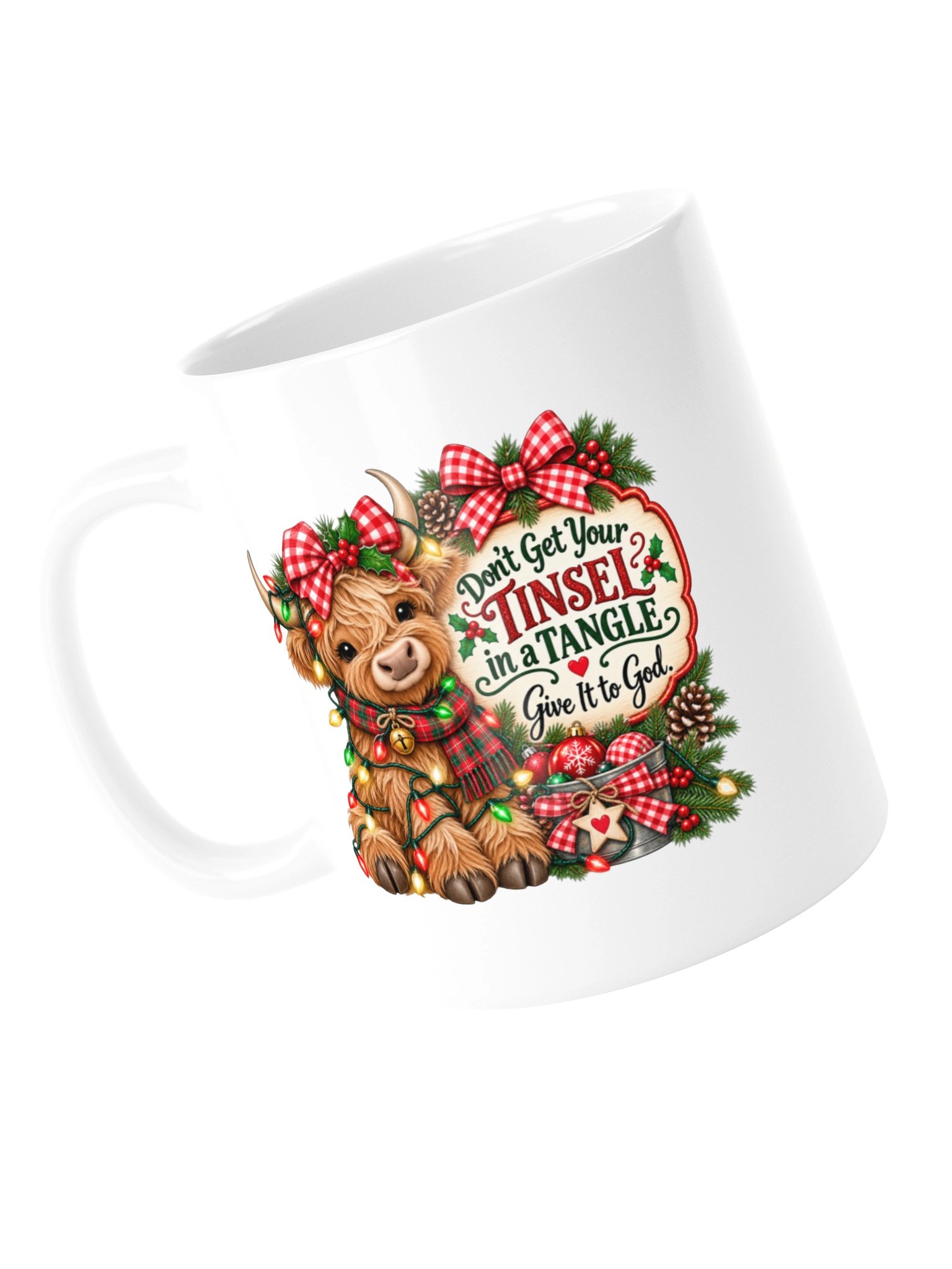 Funny Christian Christmas Mug | Highland Cow Tinsel Mug | Give It to God | Christmas Coffee Cup product image (7)
