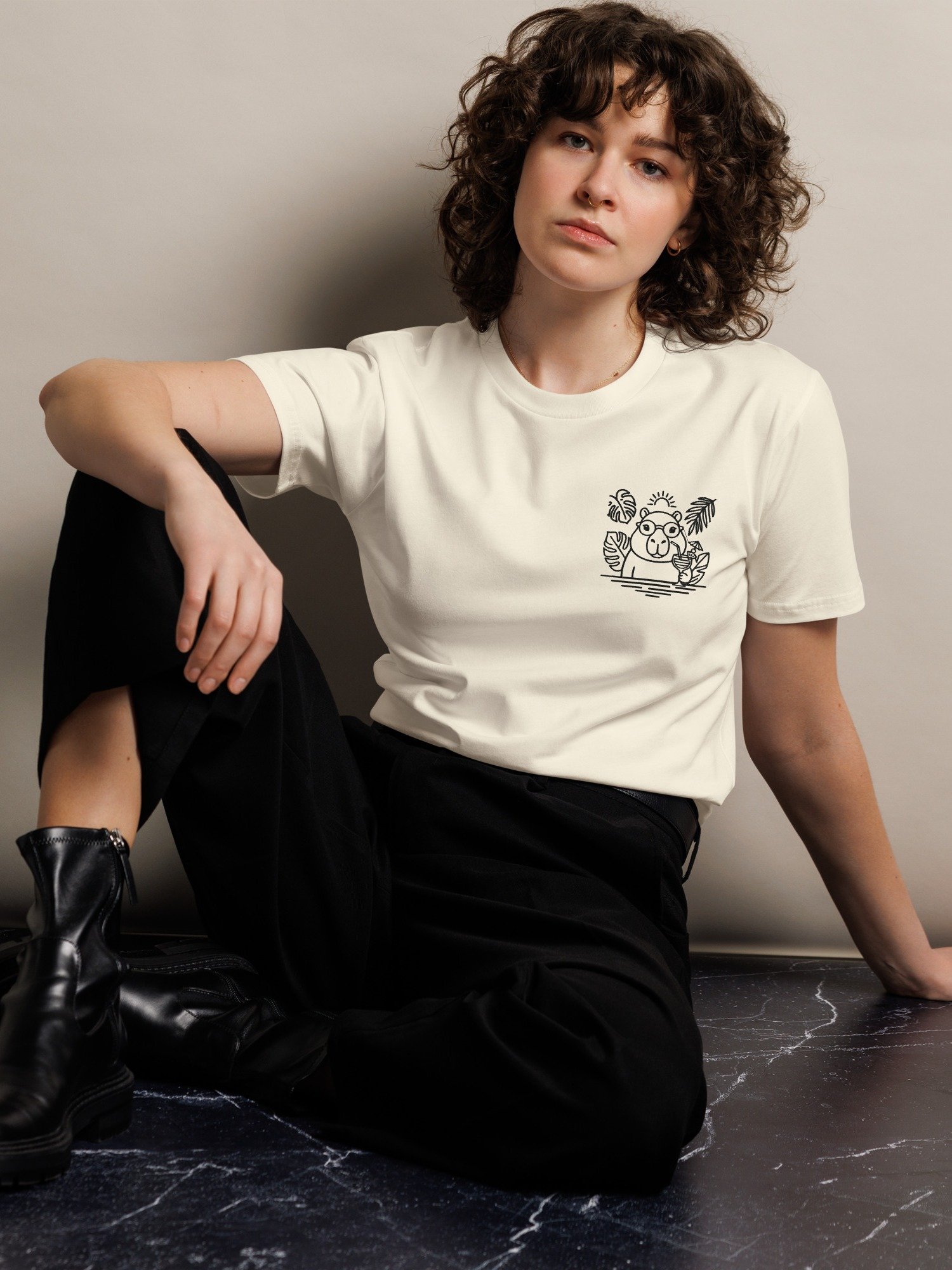 Embroidered Capybara Tee - Premium Quiet Tropics Combed Cotton Crewneck in Minimalist Luxury Style product image (7)