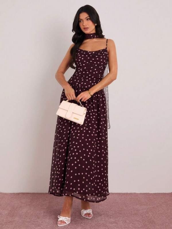 Women's Brown White Polka Dot Sleeveless Dress with Neck Ribbon product image (1)