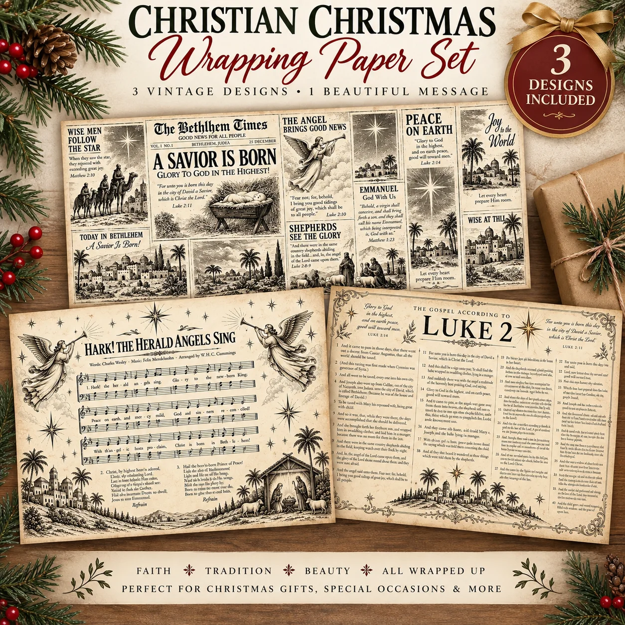 Vintage Christian Christmas Wrapping Paper | Scripture, Hymn & Nativity Gift Wrap | Luke 2 & Bethlehem Newspaper product image (1)
