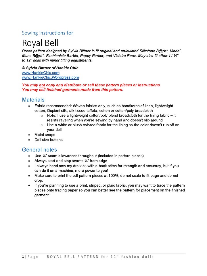 Royal Bell sewing pattern for 12" fashion dolls product image (2)