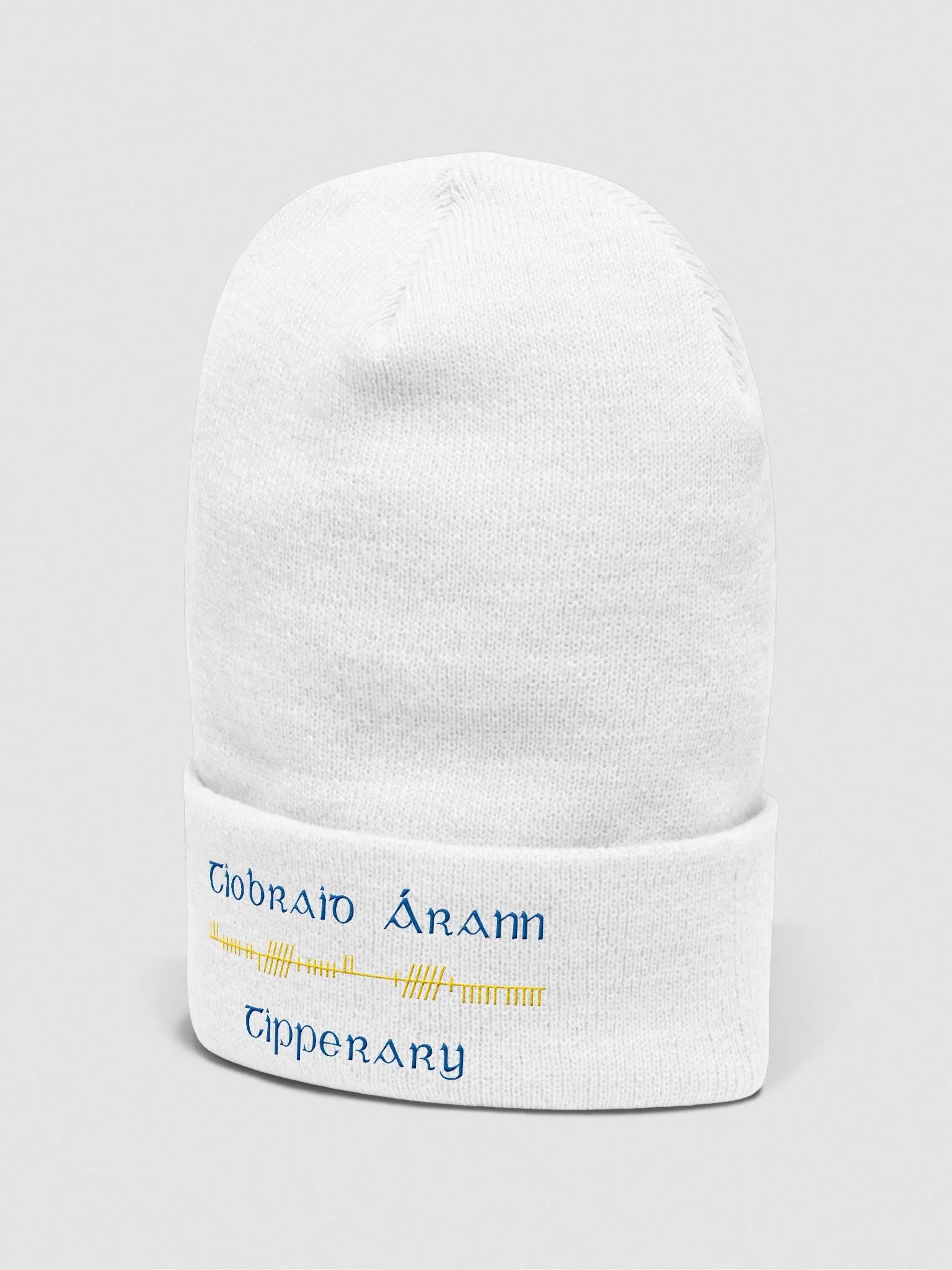 Tipperary/Tiobraid Árann Orthodox style Ogham, blue and gold, embroidered Cuffed Beanie product image (8)