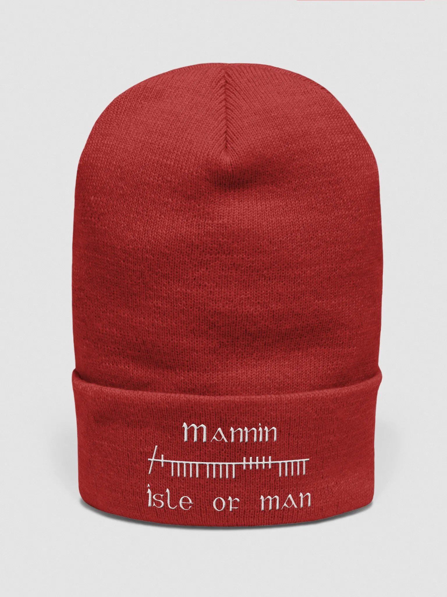 Isle of Man/Mannin Orthodox style Ogham, Red with White, embroidered Cuffed Beanie product image (1)