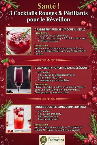 Pour un réveillon qui a du caractère, voici des cocktails rouges et pétillants : Cranberry Punch, Blackberry Punch Royal au c...