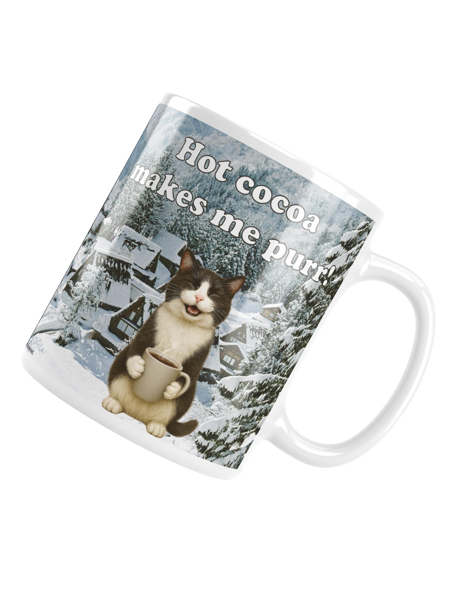 Funny mug: "Hot cocoa makes me purr!" with adorable cat image holding mug. product image (15)