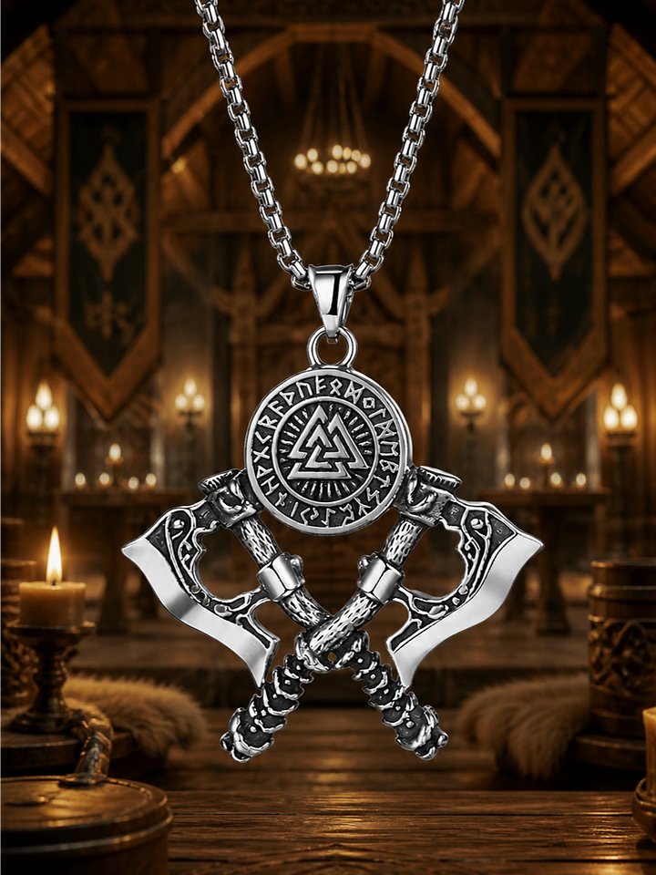 The Armored Kingdom Nordic Valknut Rune Viking Warrior Double Axe Stainless Steel Necklace product image (1)