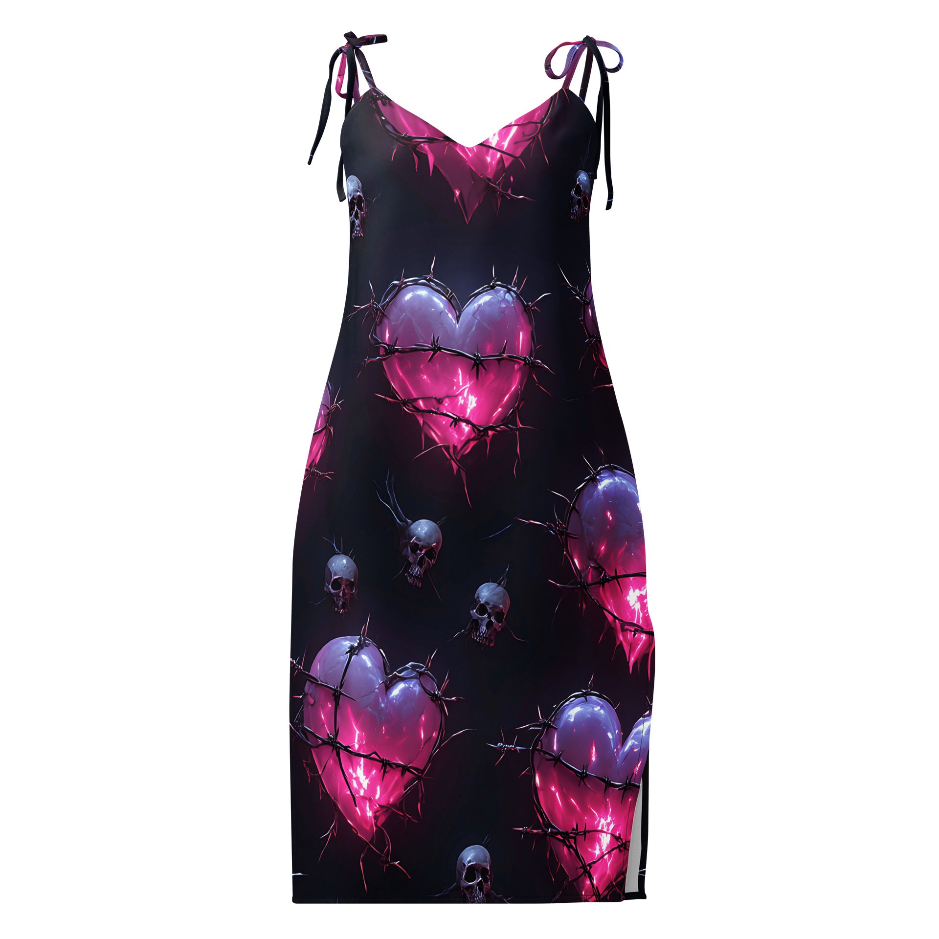 Neon Barbed Heart Skull Midi Slip Dress - Glow Pink Shattered Hearts Chiffon Halter Dress with Slit product image (1)
