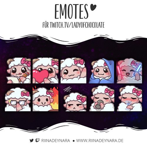 ✦ Emotes
https://www.twitch.tv/LadyofChocolate

Hier sind die süßen Emotes von Choco, ich habe mich sehr SEHR gefreut, dass i...