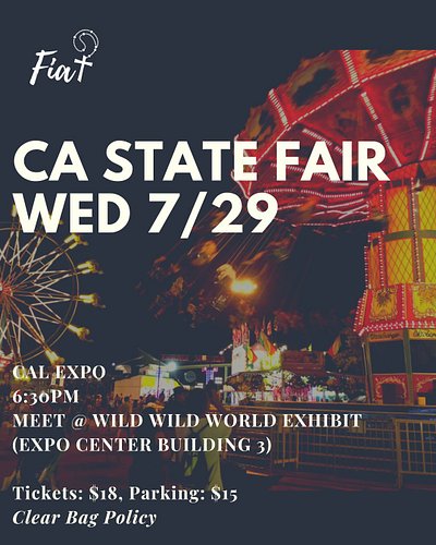 Fiat’s going to the fairrrr!!! (the CA STATE FAIR)🎡

Tickets: $18 at the entrance gates or you can buy it online in advance!
...