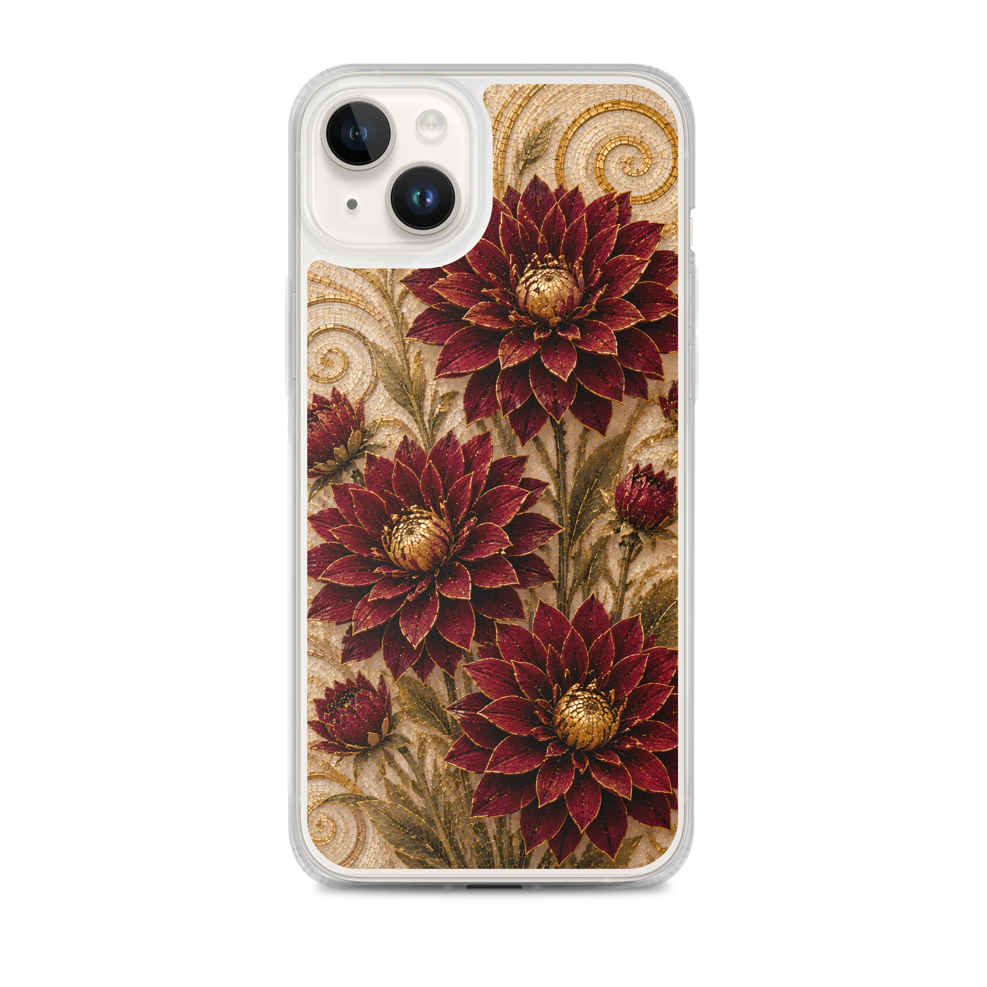 Wine Red And Metallic Gold Wild Dahlia Mosaic Premium Soft Silicone iPhone Case - MagSafe Compatible product image (1)