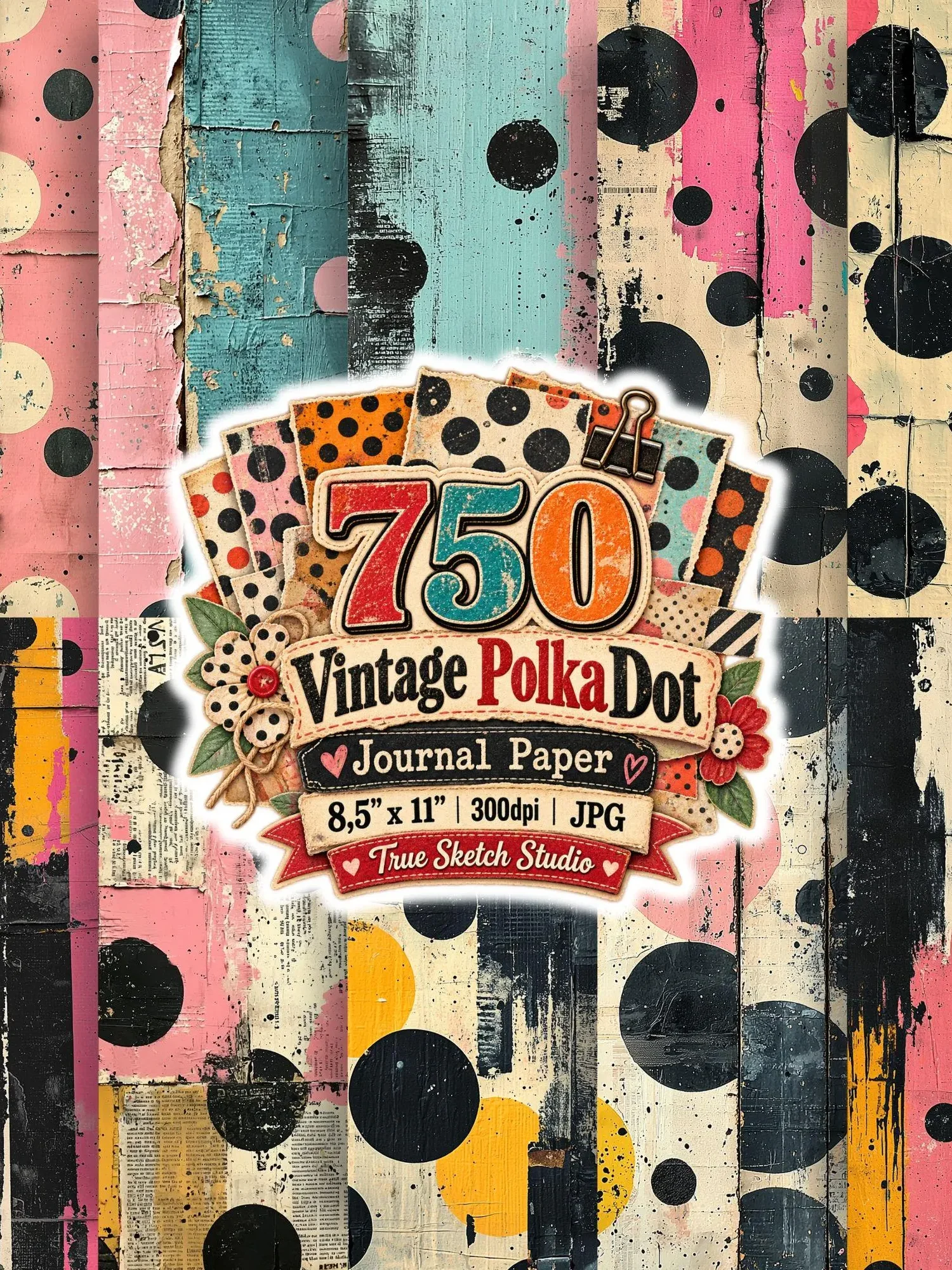 750 Vintage Polka Dot Digital Paper Bundle, Grunge Junk Journal Backgrounds, Retro Scrapbook Pages, US Letter 300DPI JPG, Printable Download product image (9)
