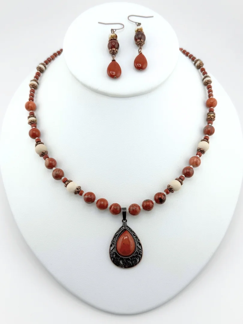 Red and Fossil Jasper Necklace and Earrings Set product image (1)
