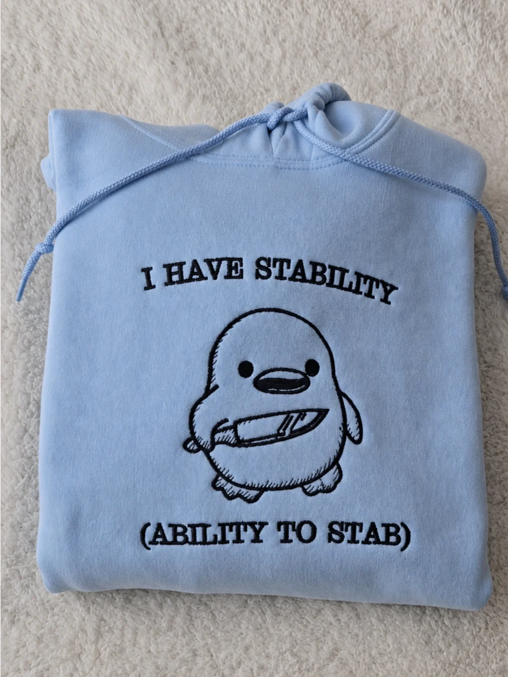I Have Stability Embroidered Hoodie – Funny Penguin Dark Humor product image (4)