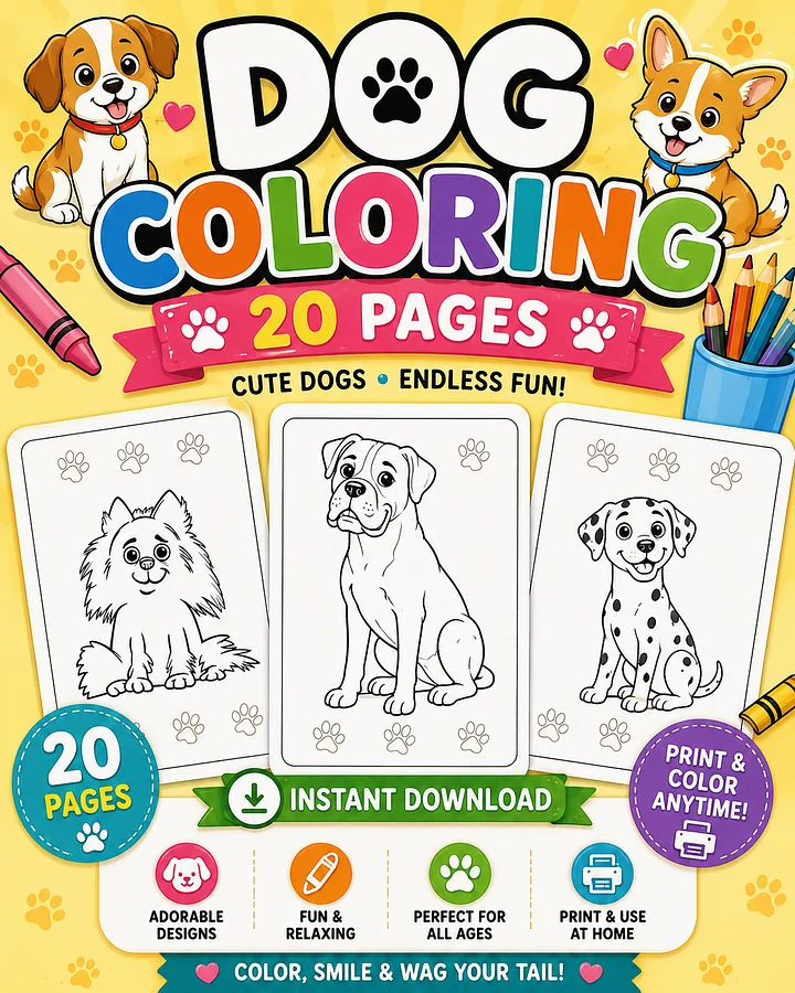 Dog Coloring Pages Printable for Kids | 20 Cute Puppy & Dog Coloring Sheets PDF product image (1)