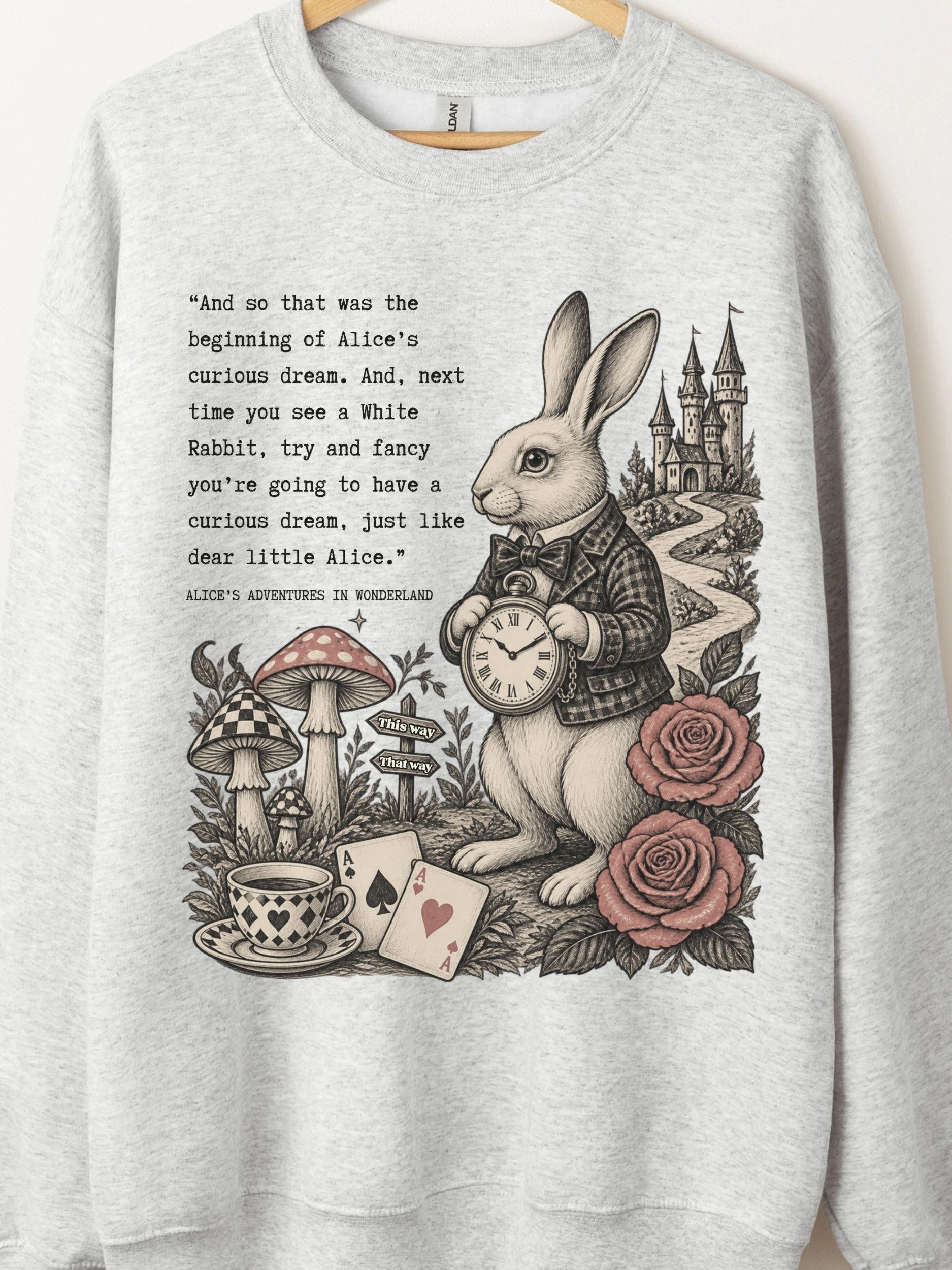Wonderland White Rabbit Crewneck Sweatshirt, Alice's Adventures Quote Graphic product image (17)