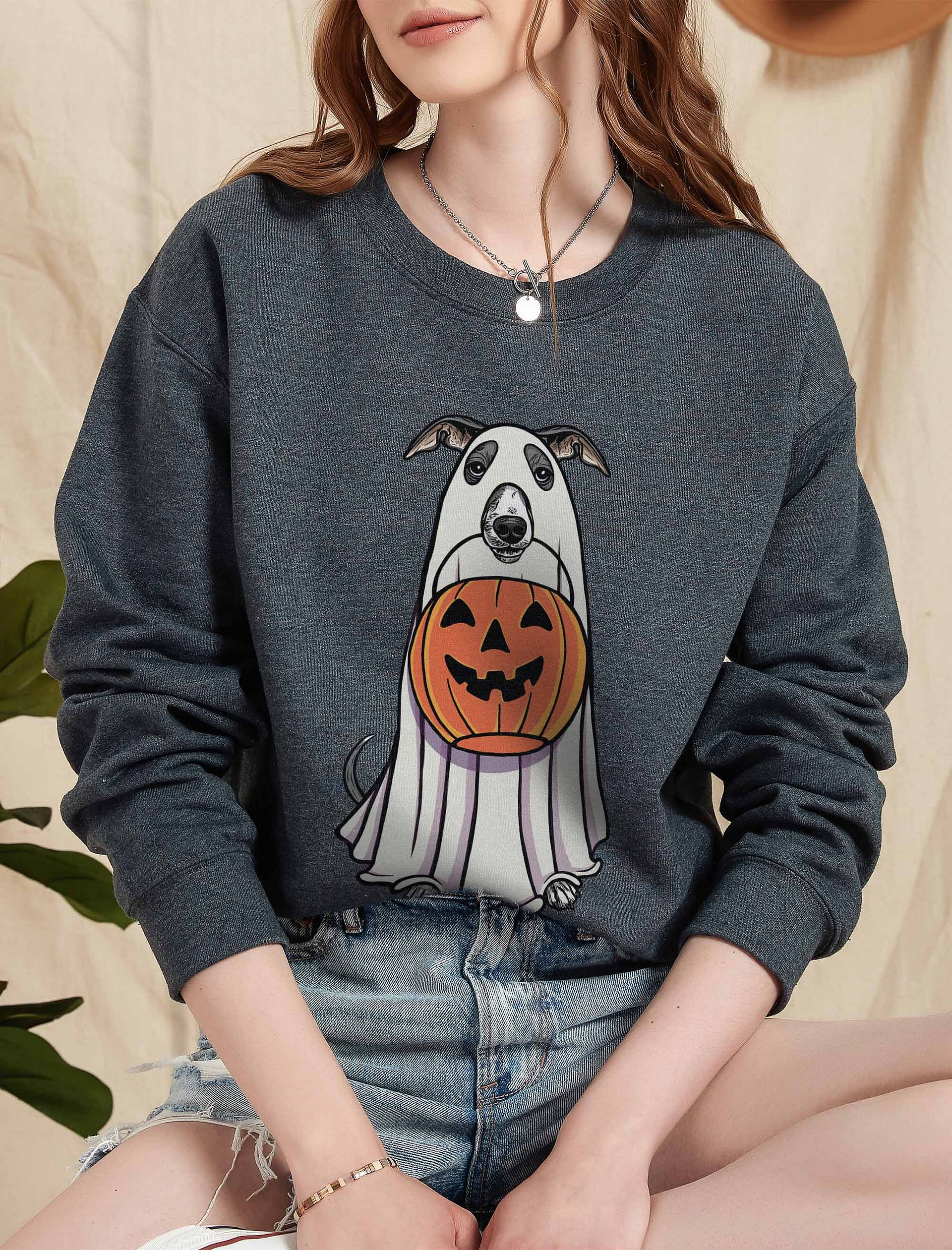 Funny Halloween Italian Greyhound(Blue & White) Sweatshirt | Funny Iggy Wearing a Ghost Costume and Holding a Pumpkin Basket product image (2)