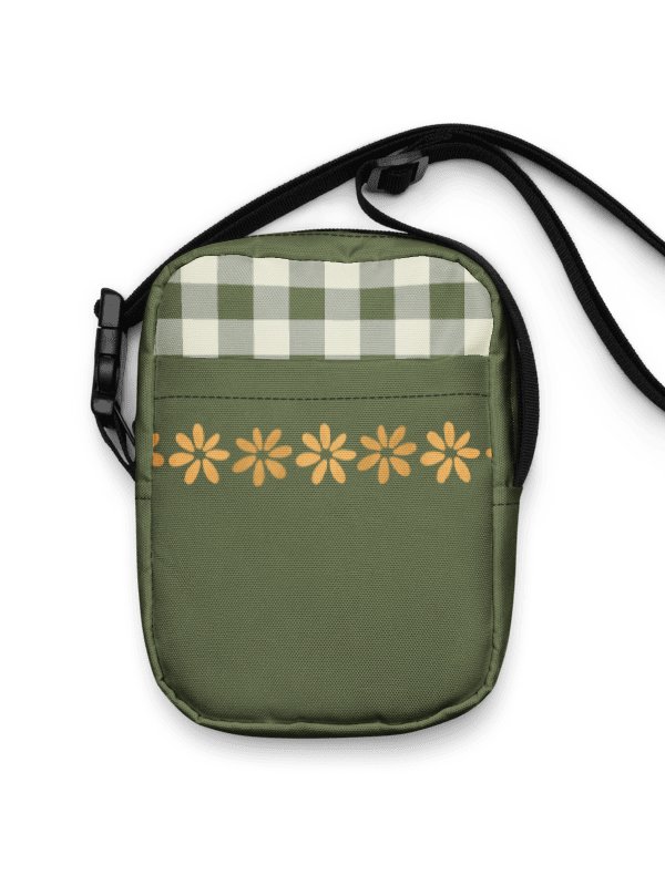 Green & Cream Gingham Crossbody Bag with Flowers – Boho Checkered Purse product image (1)