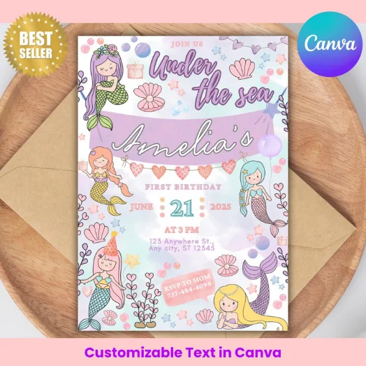 Customized Text Mermaid Birthday Invitation - Canva product image (1)