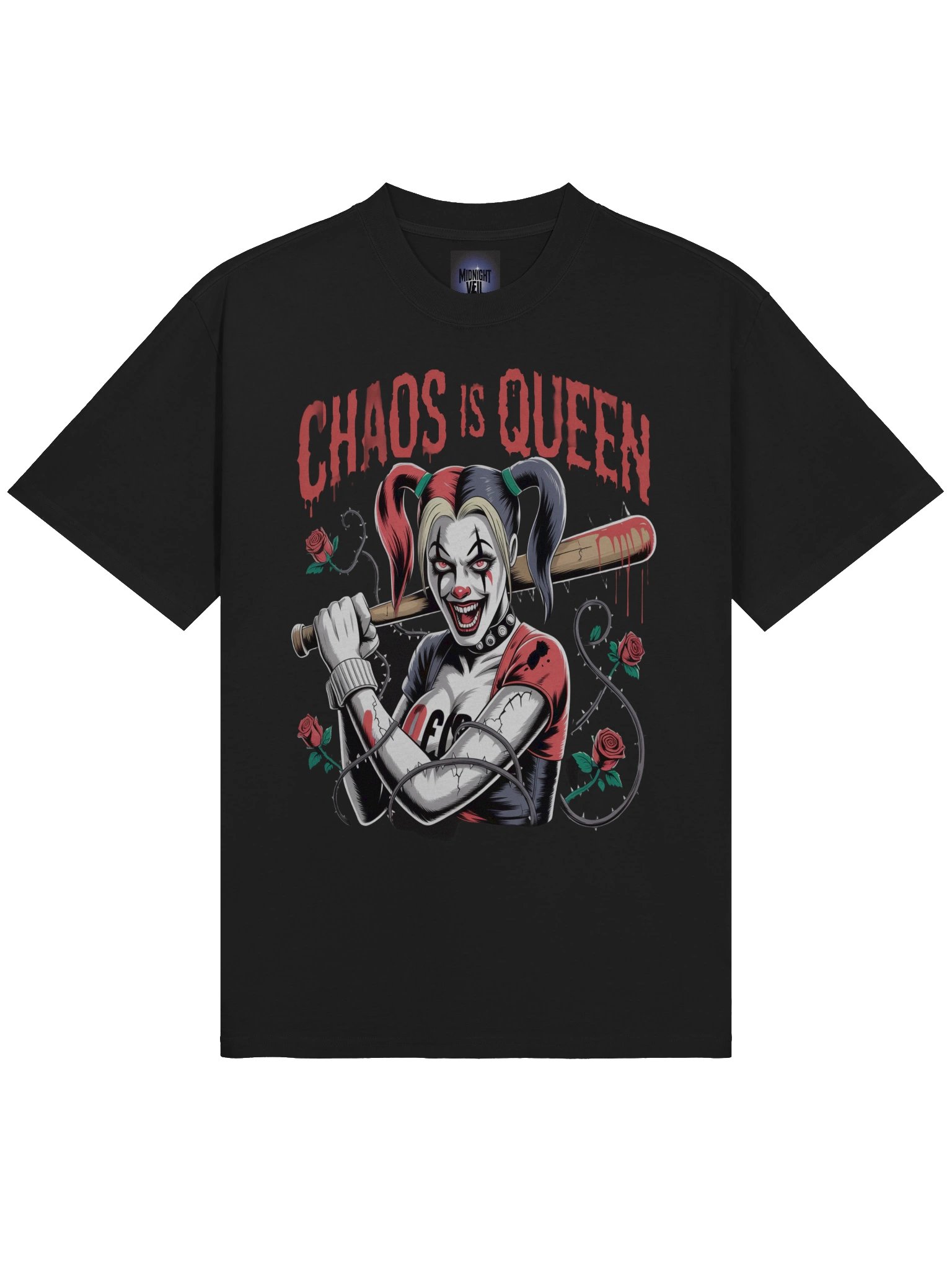 Harley Quinn 'Chaos is Queen' Rose-Thorn Bat Oversized Faded T-Shirt product image (5)