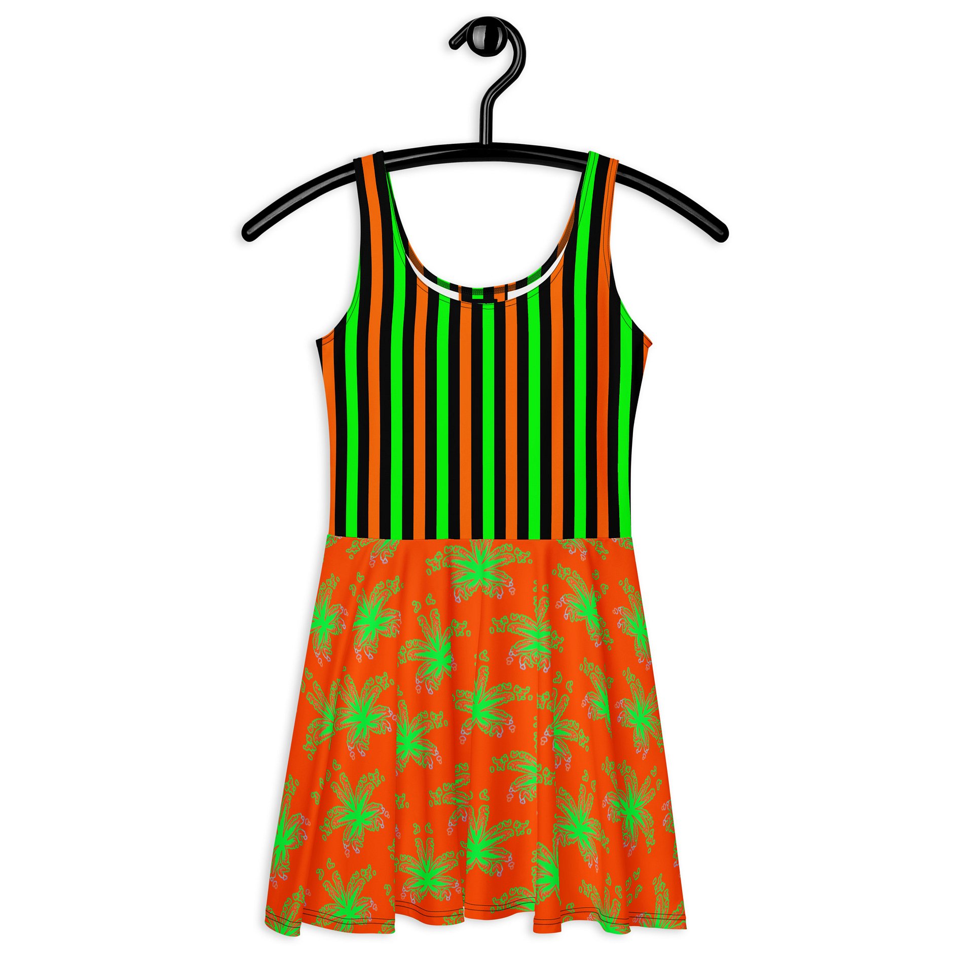 Stoner Circus Stripes Cannabis Skater Dress, 420 Rave Outfit, Neon Green Orange Black Weed Halloween Clothing, Pot Leaf Festival Fashion product image (4)