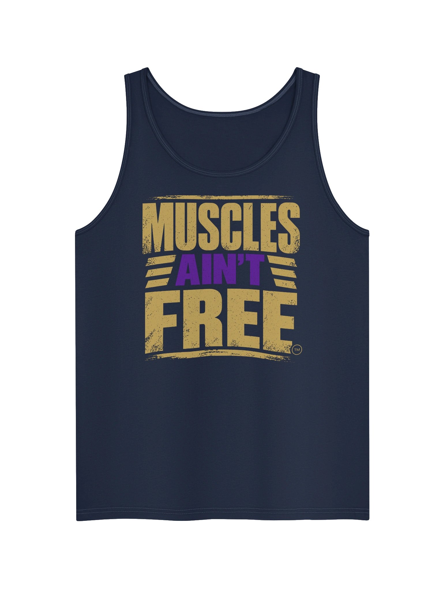 The "Muscles Ain't Free" Men's Royal Gold & Purple Muscle Tank product image (1)