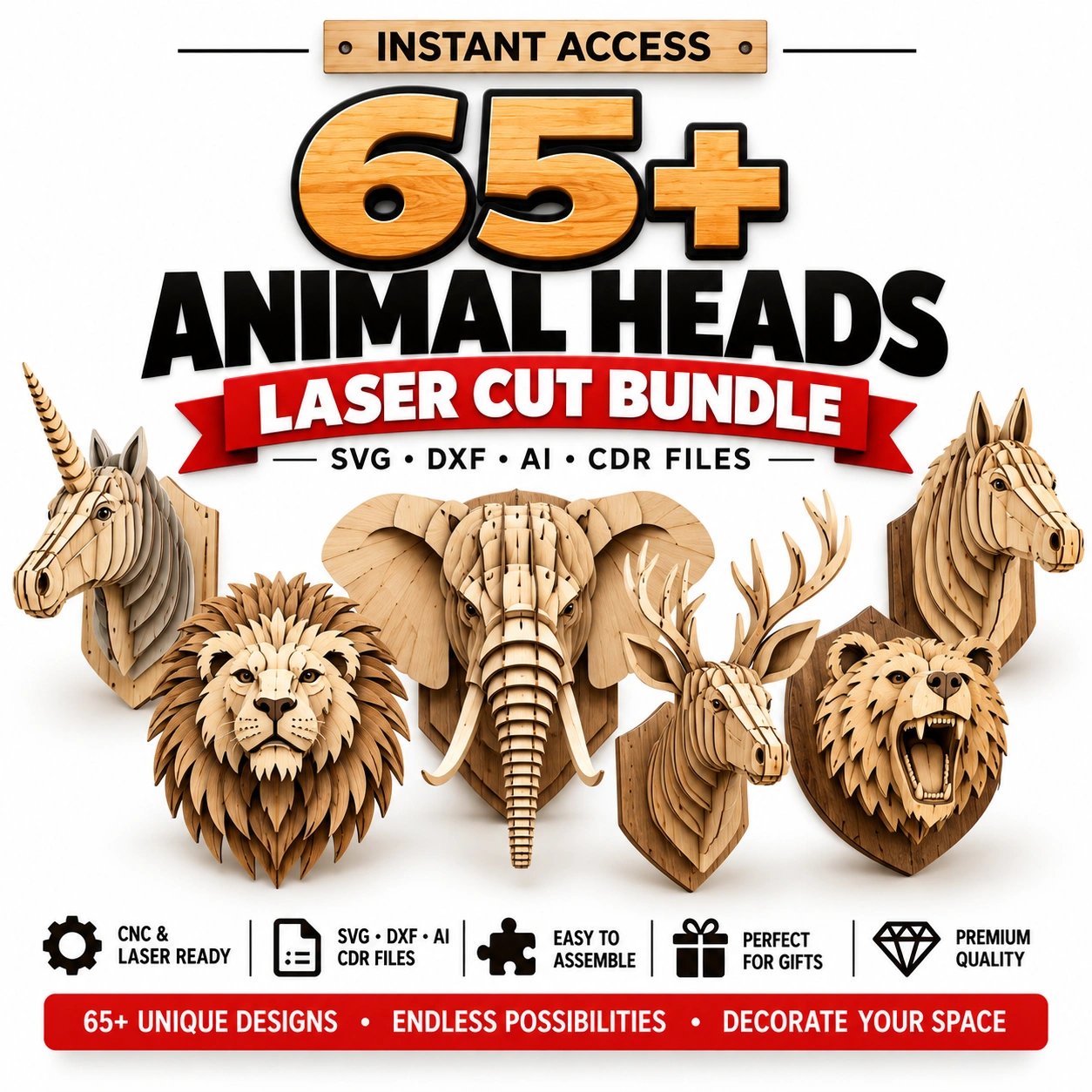 65+ 3D Animal Head Laser Cut Bundle | Wooden Wall Art SVG, DXF & AI Files product image (1)