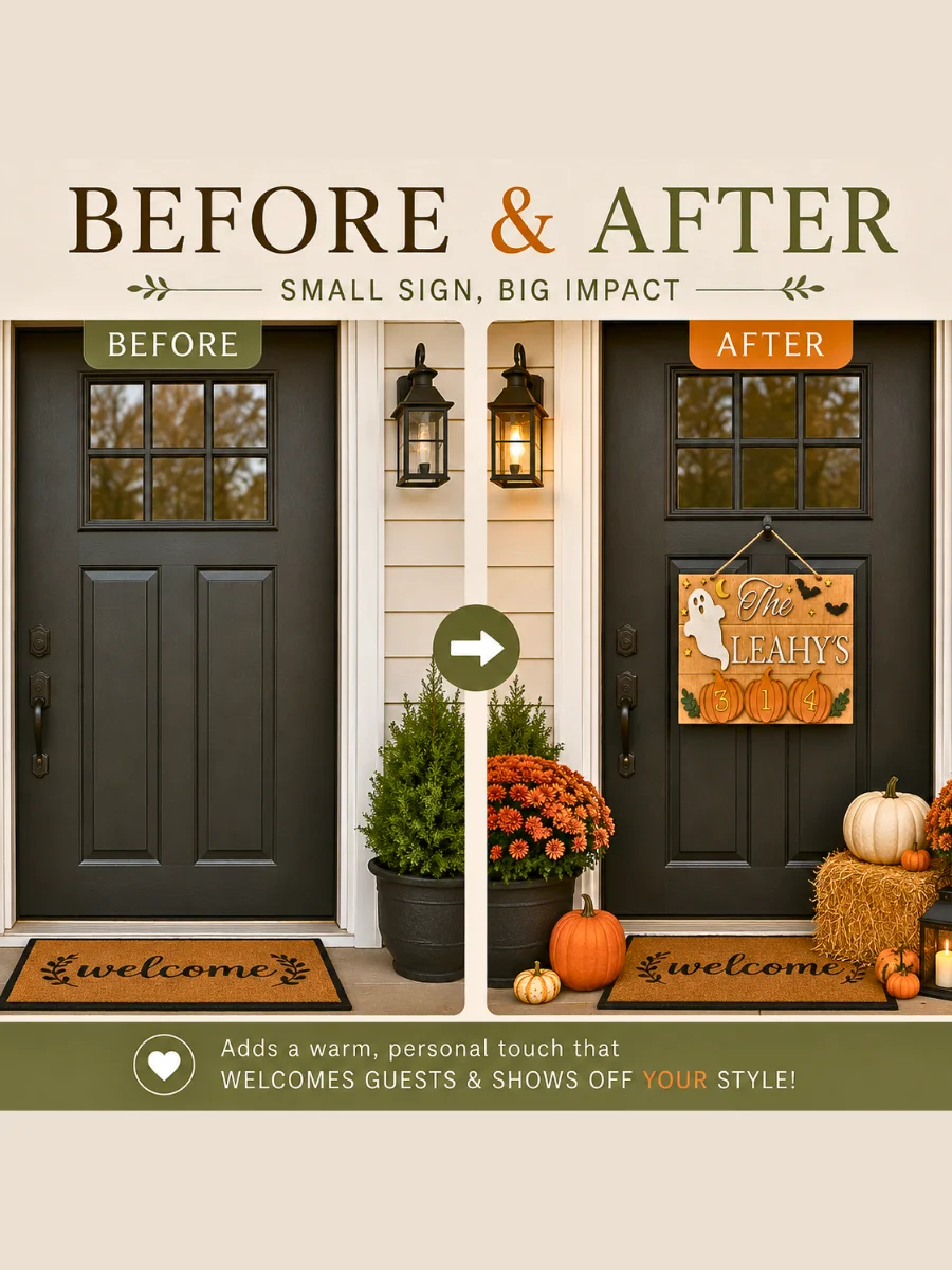 Personalized Halloween Door Hanger | Custom Family Name, House Number Sign | Basswood Pumpkin Decor product image (4)