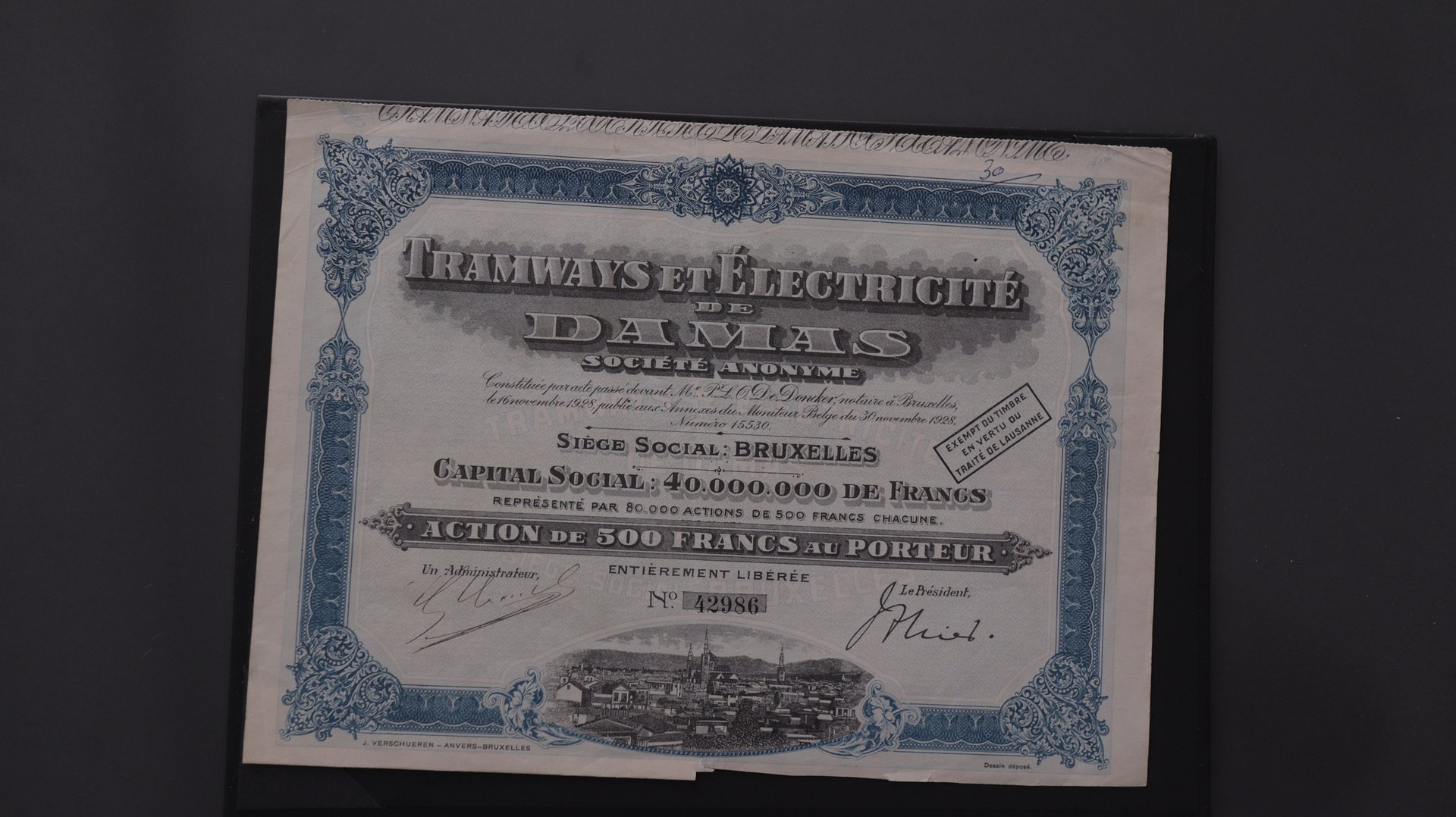 شهادة سهم لحامله في شركة ترام وكهرباء دمشق – بروكسل، 1928 product image (1)