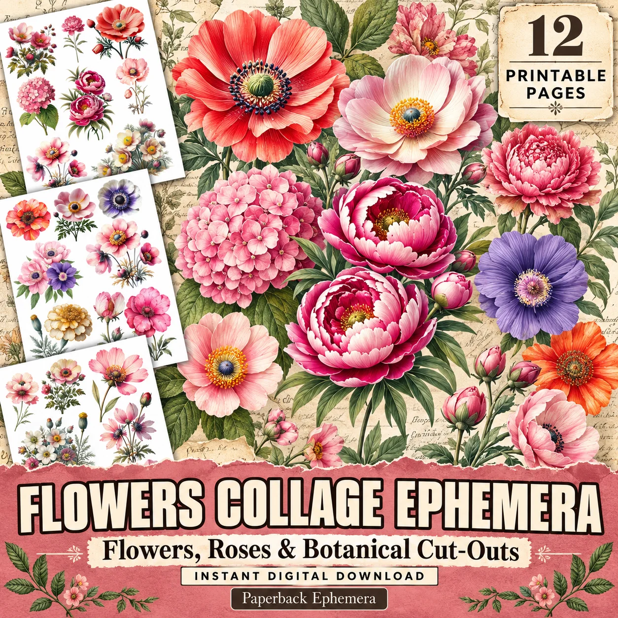 Vintage Floral Ephemera Book – 12 Printable Flower & Rose Collage Pages product image (1)
