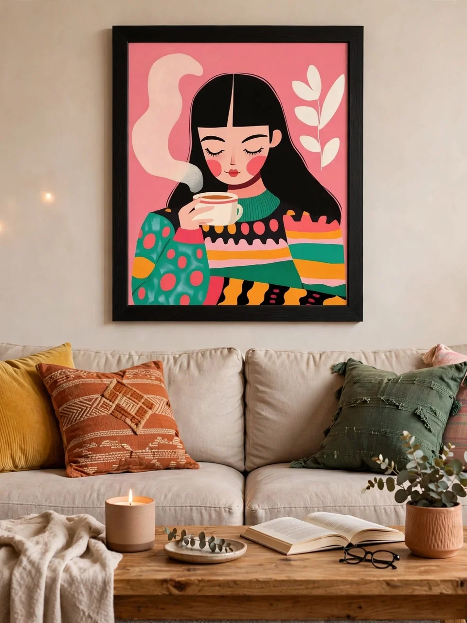 Cozy Coffee Girl - Colorful Boho Wall Art Print | Pink Pastel Illustrative Poster product image (4)