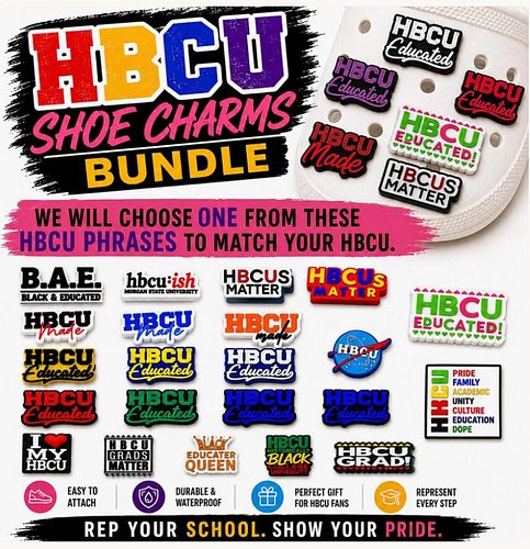 HBCU Shoe Charm Bundle currently available. Show your pride as a HBCU student, alumni, or mom. 

Currently 40% off in our Ets...