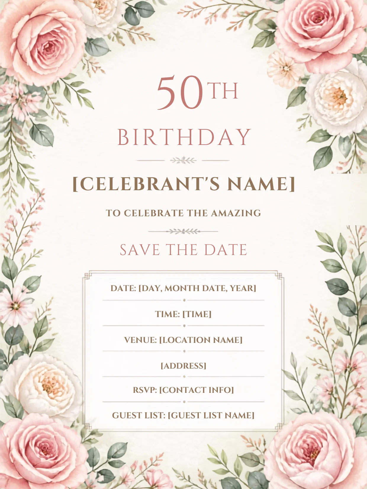 Floral 50th Birthday Invitation Template, Editable Milestone Invite, Printable Garden Party, Canva Instant Download Digital product image (2)