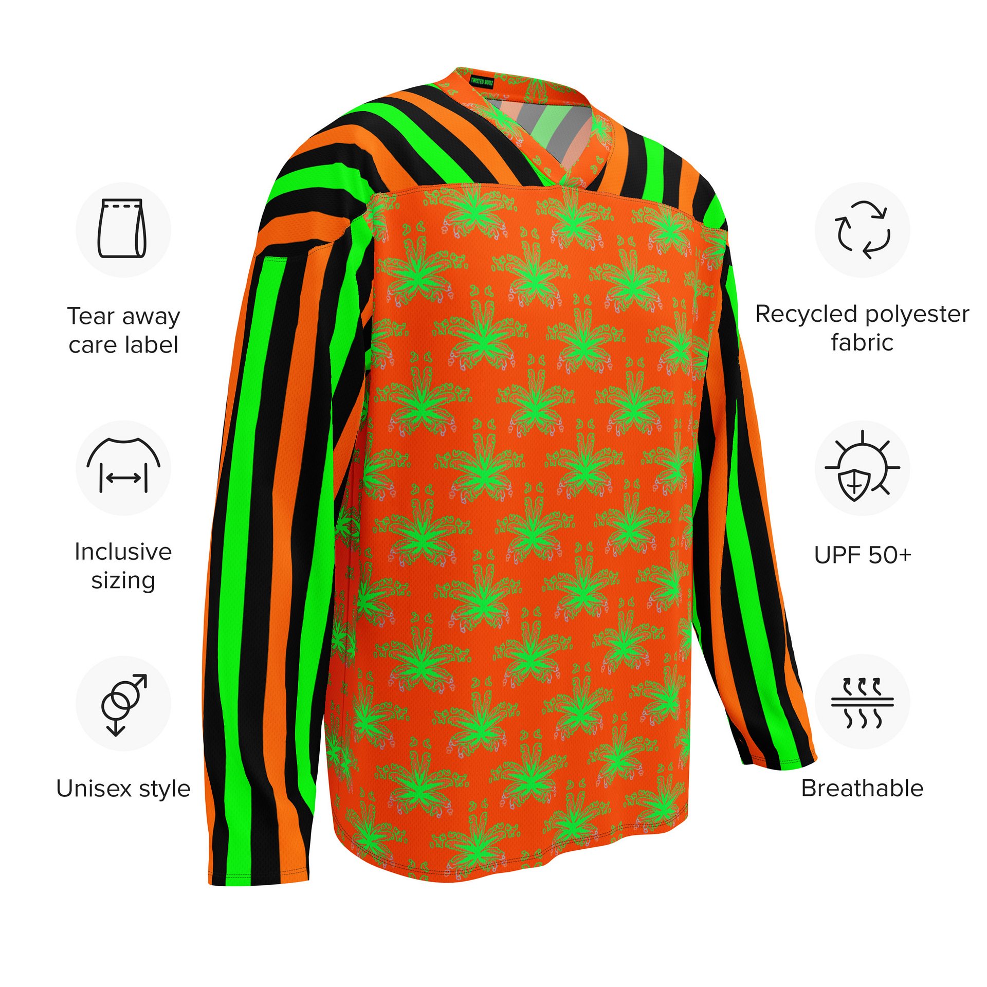 Weed Halloween Hockey Jersey, Cannabis 420 EDM Shirt, Pot Leaf Festival Ravewear, Green Orange Black Stoner Circus Stripe Clowncore Clothing product image (9)