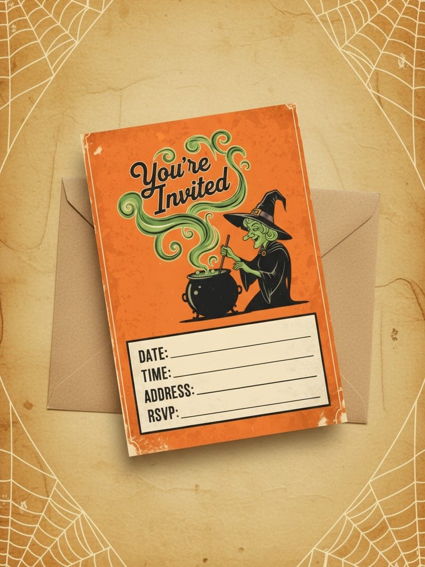 Halloween Party Invitation Card | Retro Witch and Cauldron Design | Vintage Spooky Printable Invite Card product image (1)