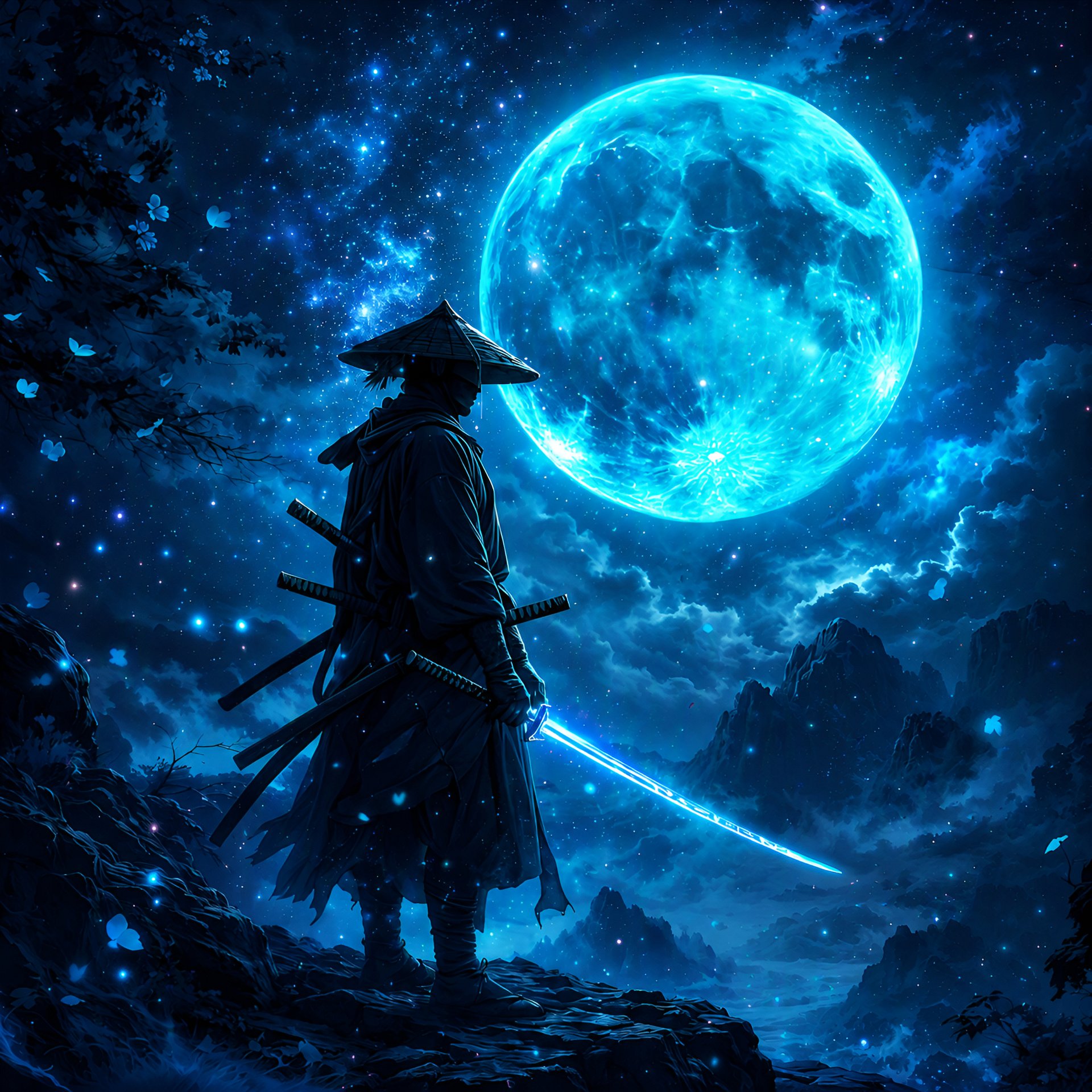 Blue Moon Samurai T-Shirt, Japanese Warrior Galaxy Art, Celestial Anime Streetwear Gift for Men & Women product image (2)