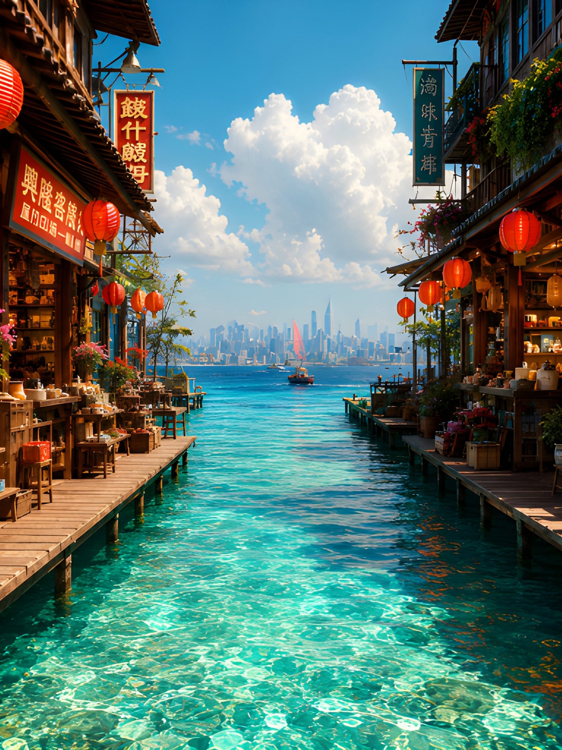 Sunlit Floating Market Canal Art Print | Turquoise Water Asian Town | 8K Retro Futuristic Wall Decor Square Poster product image (1)