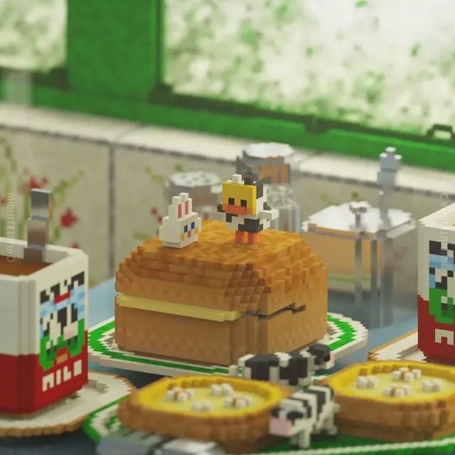 pineapple bun, egg tarts and milk tea breakfast in a hong kong cafe #voxelart #foodart 