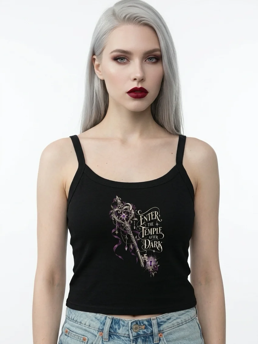 “Enter the Temple After Dark” Dark Feminine Lunar Graphic Cropped Baby Tee | Fethria product image (1)