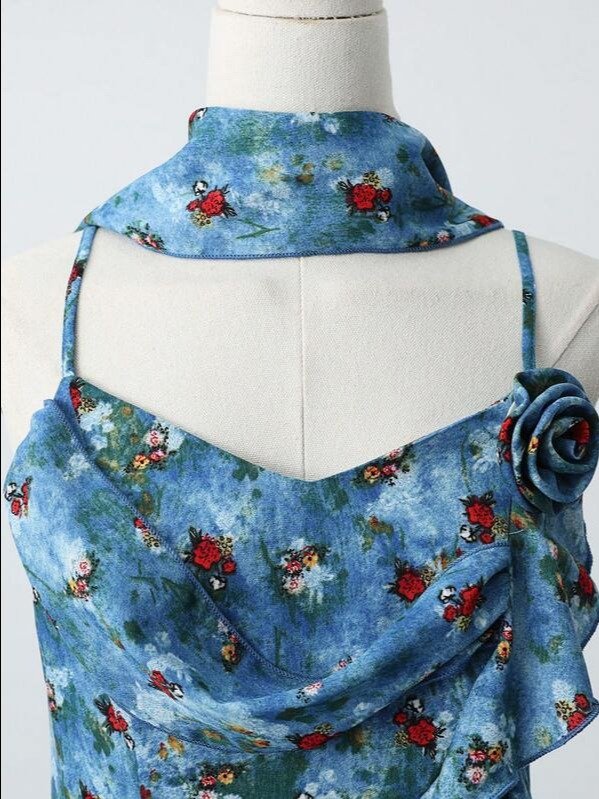 3D Rose Floral V-Neck Asymmetric Cami Top | Women's Boho Slim Fit Graphic Camisole for Beach, Vacation & Daily Wear | ADLEST product image (3)